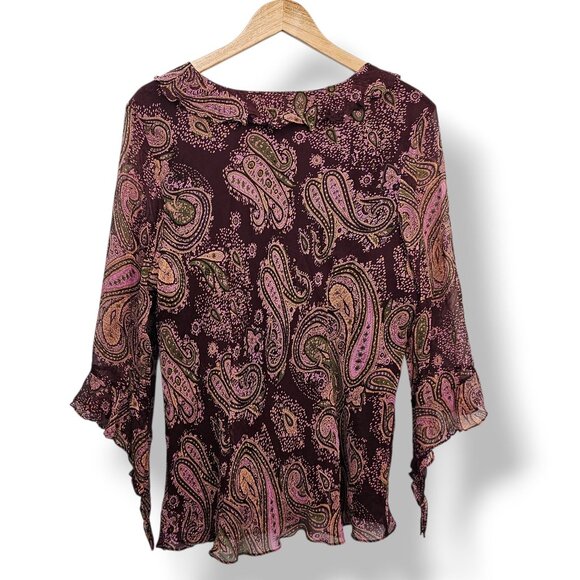 Vintage Y2K Avenue Silk Top Sheer Ruffles Flared Sleeves Jewel Tone Fairy Whimsy - Picture 2 of 11